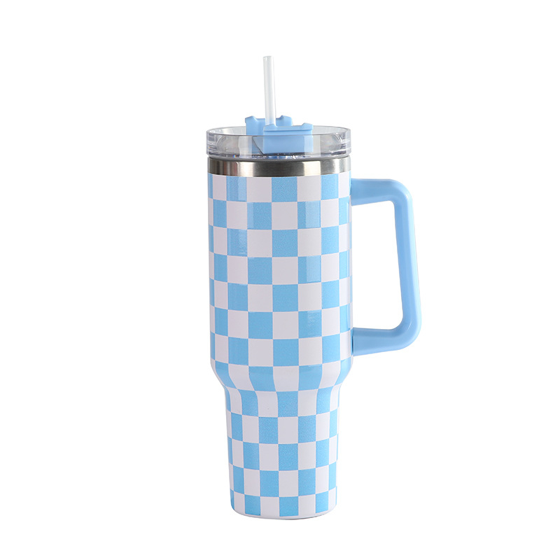 Prima generație cană termos cu model 5D tablă de șah, capacitate mare, oțel inoxidabil, 40oz, cu mâner auto