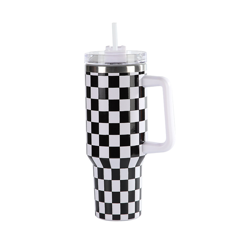 Prima generație cană termos cu model 5D tablă de șah, capacitate mare, oțel inoxidabil, 40oz, cu mâner auto