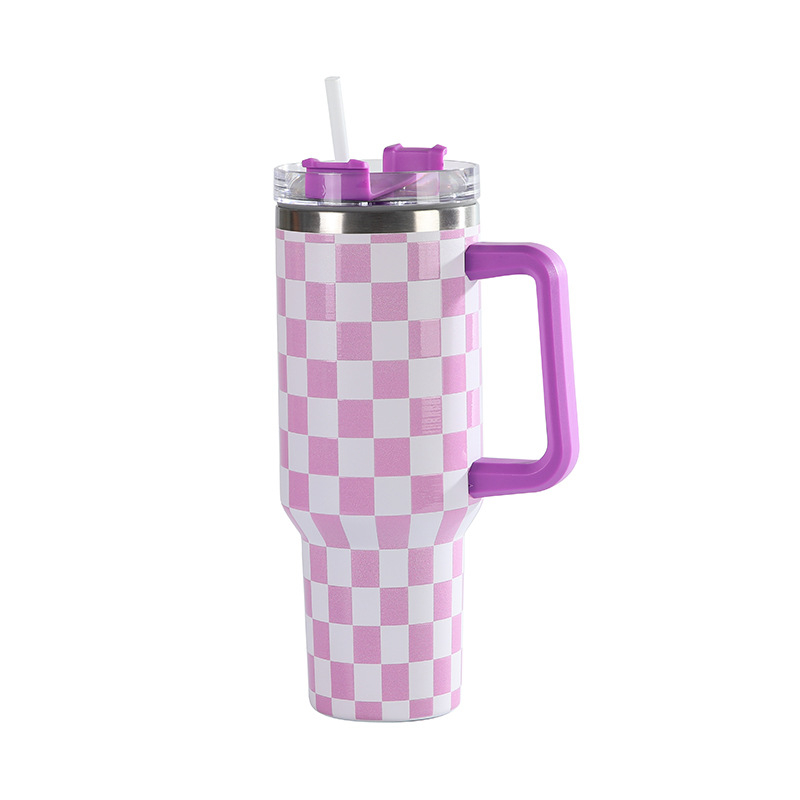 Prima generație cană termos cu model 5D tablă de șah, capacitate mare, oțel inoxidabil, 40oz, cu mâner auto