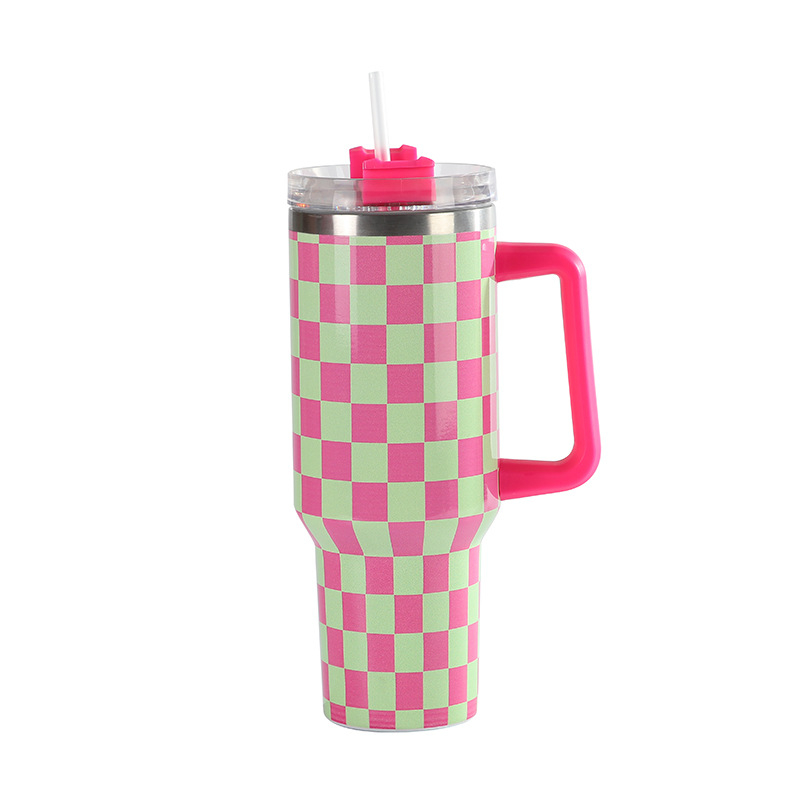 Prima generație cană termos cu model 5D tablă de șah, capacitate mare, oțel inoxidabil, 40oz, cu mâner auto