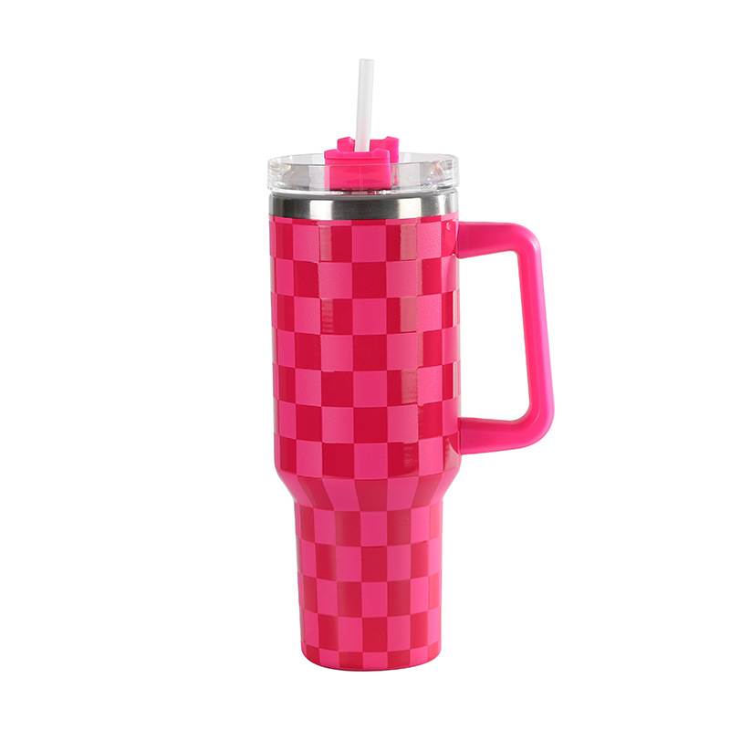 Prima generație cană termos cu model 5D tablă de șah, capacitate mare, oțel inoxidabil, 40oz, cu mâner auto