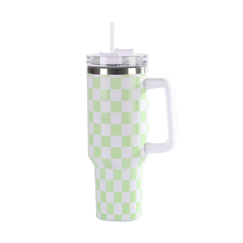 Prima generație cană termos cu model 5D tablă de șah, capacitate mare, oțel inoxidabil, 40oz, cu mâner auto
