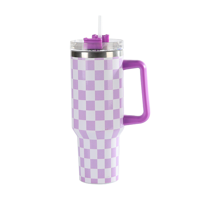 Prima generație cană termos cu model 5D tablă de șah, capacitate mare, oțel inoxidabil, 40oz, cu mâner auto
