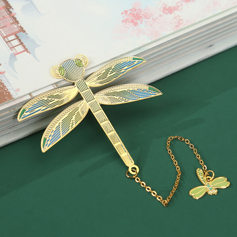 Semn de carte din metal cu libelulă și frunză de lotus, în stil clasic chinezesc — cadou pentru profesori.