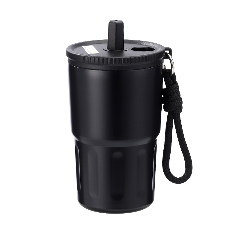 Cană izolată din oțel inoxidabil 316 cu pai, cană de cafea portabilă cu șnur de purtare