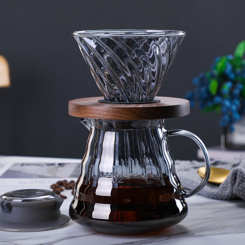 Set ceainic de cafea din sticlă fumuriu gri cu accente din lemn de nuc, cană pour-over și filtru pentru turnare manuală