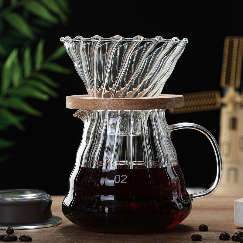 Set ceainic de cafea din sticlă fumuriu gri cu accente din lemn de nuc, cană pour-over și filtru pentru turnare manuală
