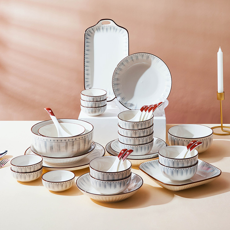 Set de boluri și farfurii ceramice pentru uz casnic, în stil japonez și coreean, rotund, diametru aproximativ 20 cm, compatibil cu cuptorul cu microunde