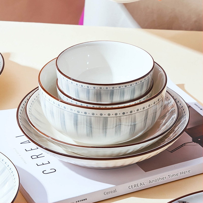 Set de boluri și farfurii ceramice pentru uz casnic, în stil japonez și coreean, rotund, diametru aproximativ 20 cm, compatibil cu cuptorul cu microunde