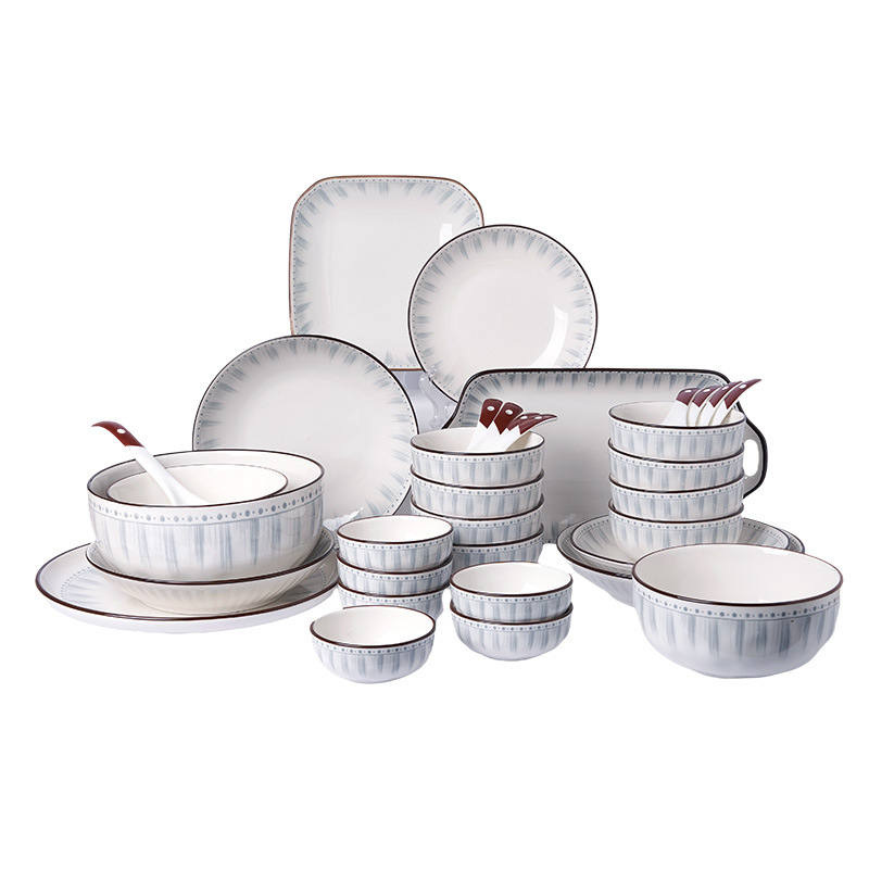 Set de boluri și farfurii ceramice pentru uz casnic, în stil japonez și coreean, rotund, diametru aproximativ 20 cm, compatibil cu cuptorul cu microunde
