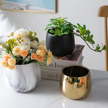 Ghiveci ceramic cu finisaj placat cu aur și model marmorat – rotund, stil nordic minimalist, pentru hidroponie și suculente