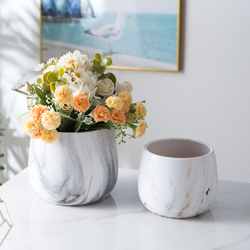 Ghiveci ceramic cu finisaj placat cu aur și model marmorat – rotund, stil nordic minimalist, pentru hidroponie și suculente