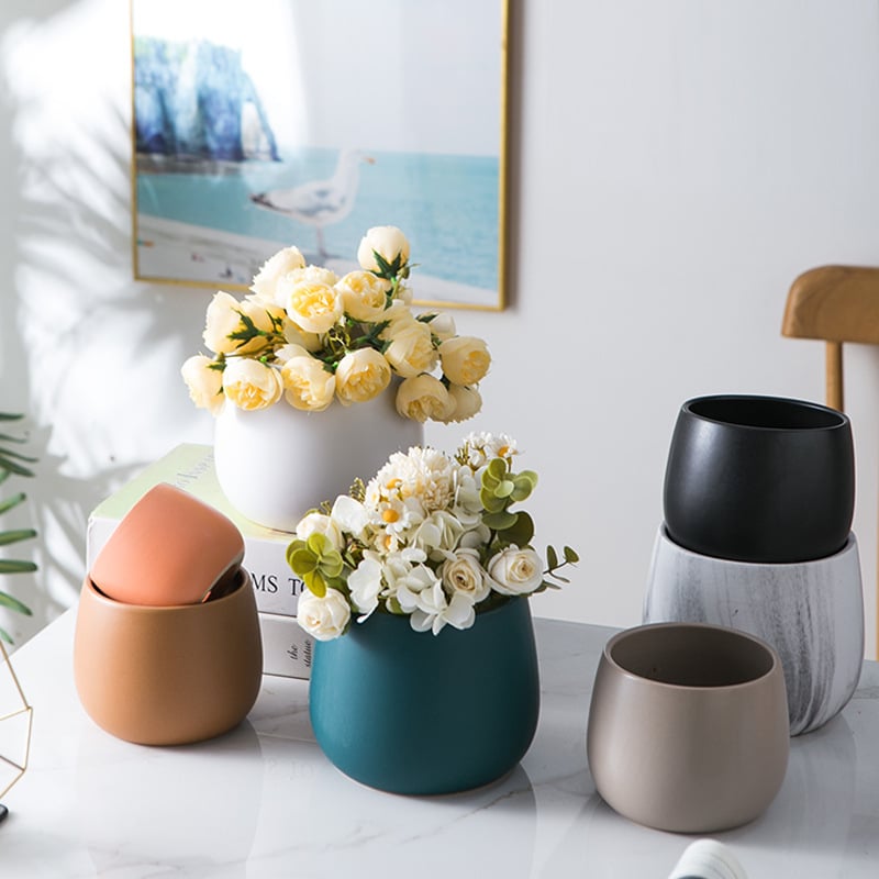 Ghiveci ceramic cu finisaj placat cu aur și model marmorat – rotund, stil nordic minimalist, pentru hidroponie și suculente