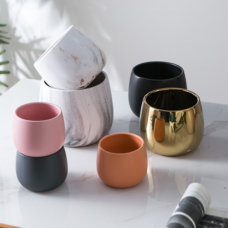 Ghiveci ceramic cu finisaj placat cu aur și model marmorat – rotund, stil nordic minimalist, pentru hidroponie și suculente