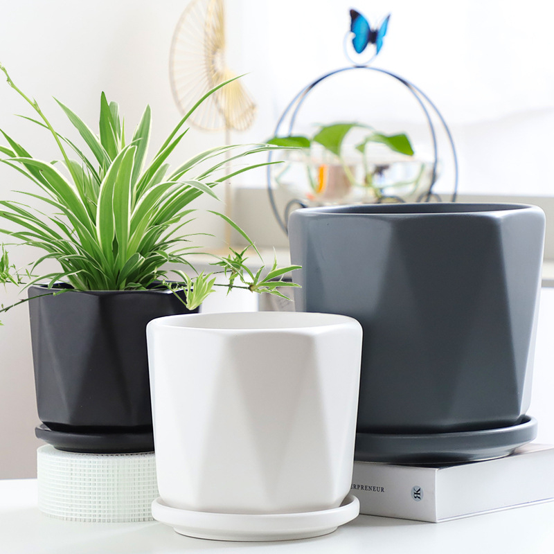Ghiveci ceramic, alb mat, cu tavă neagră, stil nordic, design creativ pentru plante verzi (mari și mici)
