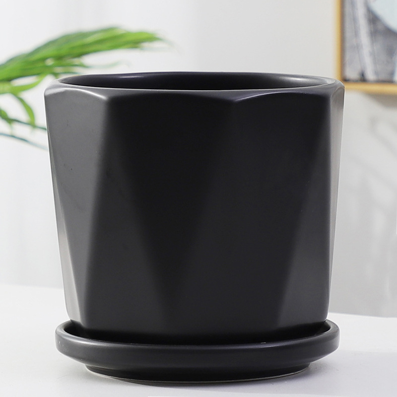 Ghiveci ceramic, alb mat, cu tavă neagră, stil nordic, design creativ pentru plante verzi (mari și mici)