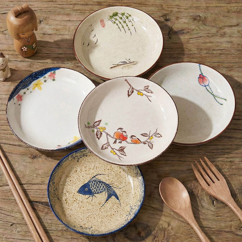 Farfurie adâncă din ceramică în stil japonez, rotundă, diametru 17–18 cm, pentru uz casnic; potrivită pentru pește, fructe și fructe uscate
