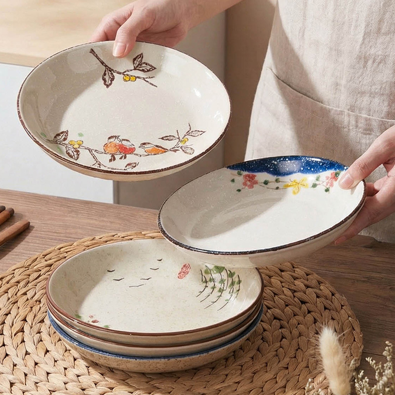 Farfurie adâncă din ceramică în stil japonez, rotundă, diametru 17–18 cm, pentru uz casnic; potrivită pentru pește, fructe și fructe uscate
