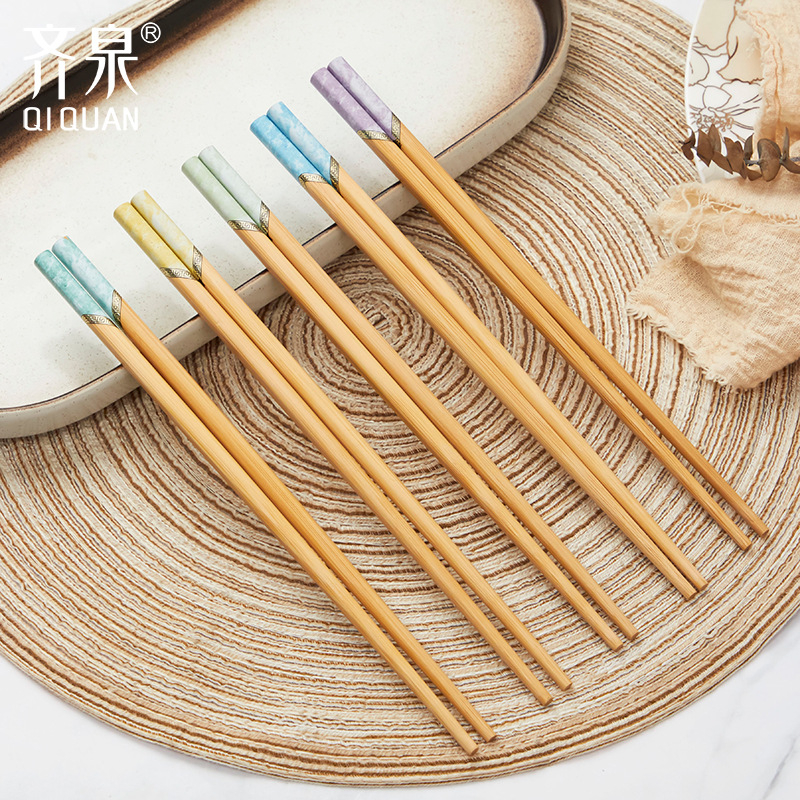 Bețișoare din bambus natural, 10 perechi, design desene animate, antiderapante, ne lacuite, imprimare carbonizată