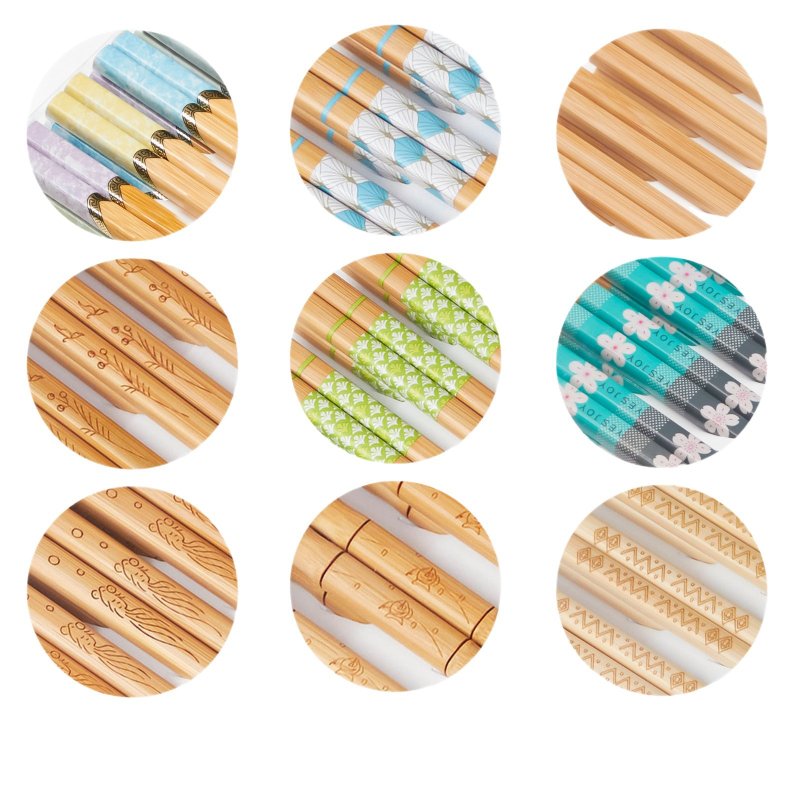 Bețișoare din bambus natural, 10 perechi, design desene animate, antiderapante, ne lacuite, imprimare carbonizată