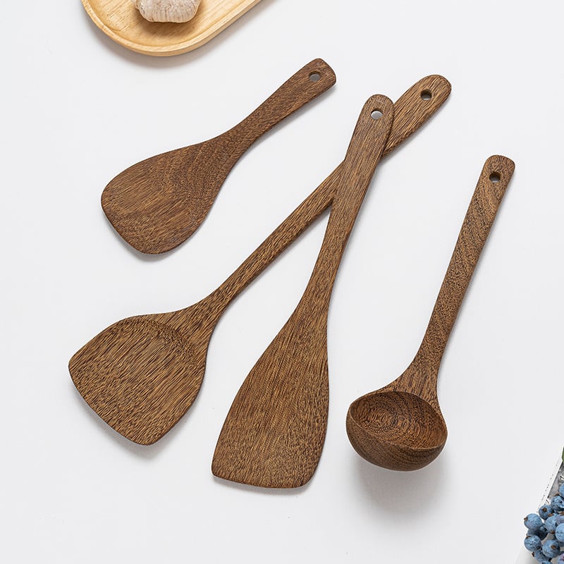 Set complet de spatule din lemn pentru bucătărie: spatulă pentru prăjit, lingură de orez și alte spatule