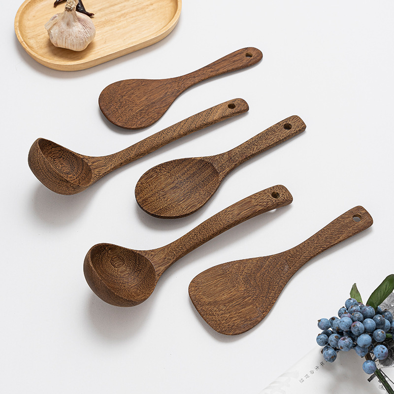 Set complet de spatule din lemn pentru bucătărie: spatulă pentru prăjit, lingură de orez și alte spatule
