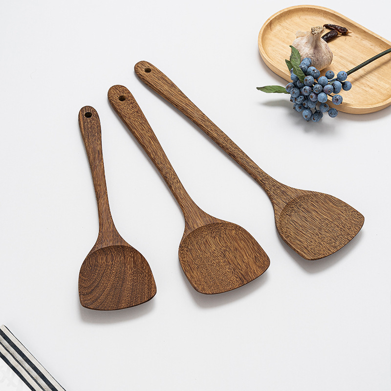 Set complet de spatule din lemn pentru bucătărie: spatulă pentru prăjit, lingură de orez și alte spatule