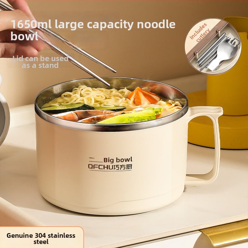 Vas pentru ramen din oțel inoxidabil, capac mare, scurgere, cu capac, pentru studenți, compatibil cu microunde