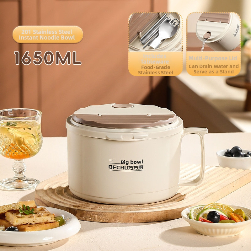 Vas pentru ramen din oțel inoxidabil, capac mare, scurgere, cu capac, pentru studenți, compatibil cu microunde