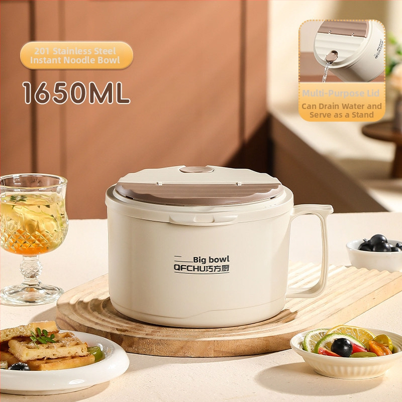 Vas pentru ramen din oțel inoxidabil, capac mare, scurgere, cu capac, pentru studenți, compatibil cu microunde