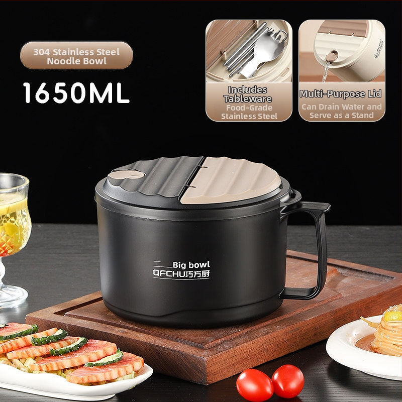 Vas pentru ramen din oțel inoxidabil, capac mare, scurgere, cu capac, pentru studenți, compatibil cu microunde