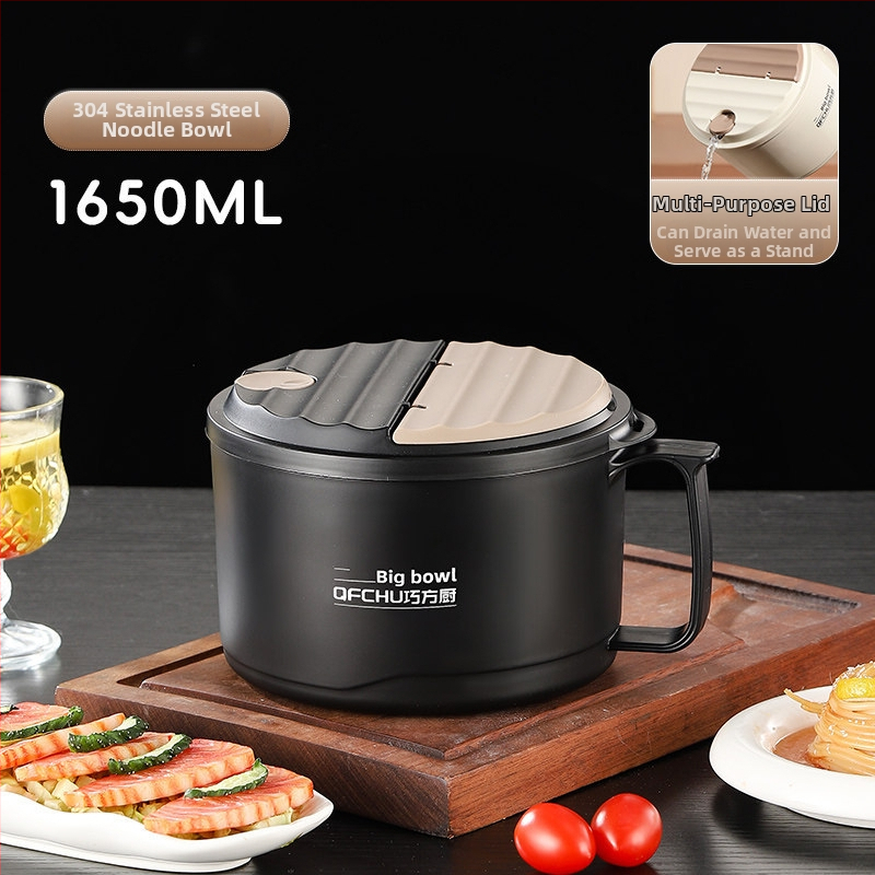 Vas pentru ramen din oțel inoxidabil, capac mare, scurgere, cu capac, pentru studenți, compatibil cu microunde