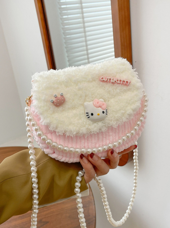 Završena KT mačka ručno pletena torbica s DIY kompletom za pliš – crossbody torba, poklon djevojci