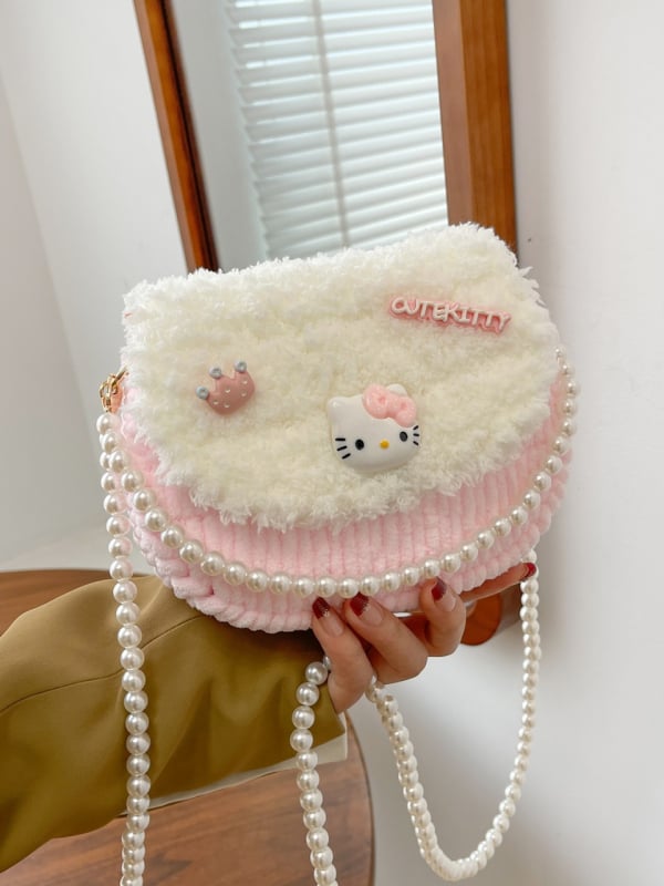 Završena KT mačka ručno pletena torbica s DIY kompletom za pliš – crossbody torba, poklon djevojci