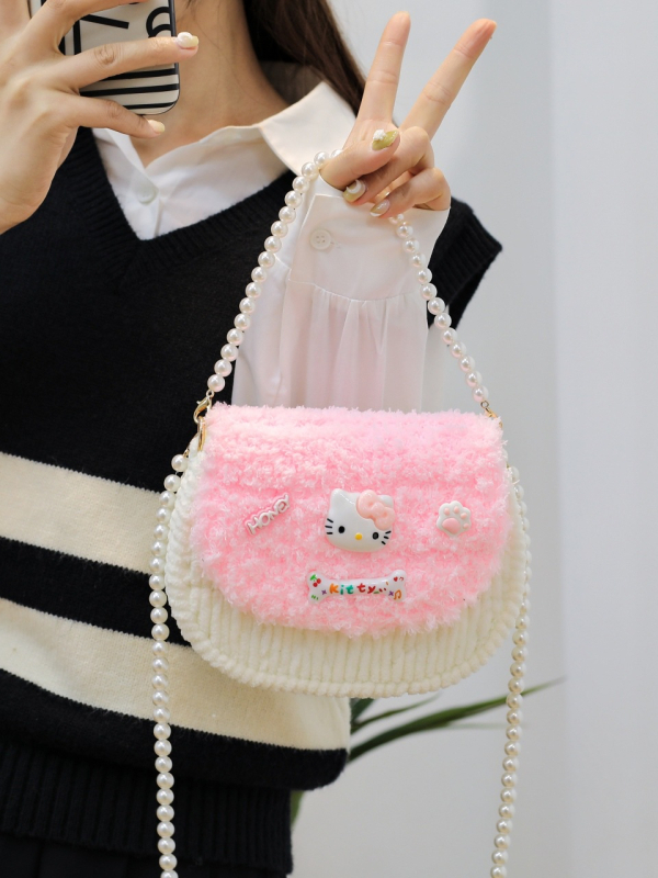 Završena KT mačka ručno pletena torbica s DIY kompletom za pliš – crossbody torba, poklon djevojci