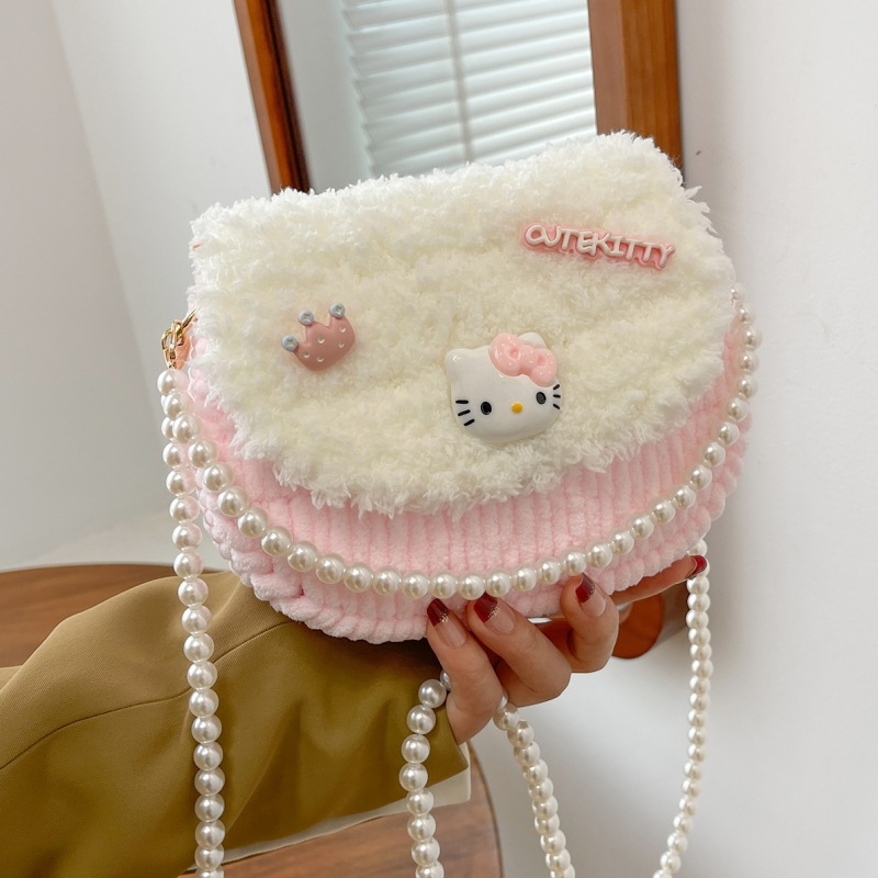 Završena KT mačka ručno pletena torbica s DIY kompletom za pliš – crossbody torba, poklon djevojci