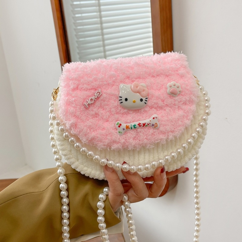 Završena KT mačka ručno pletena torbica s DIY kompletom za pliš – crossbody torba, poklon djevojci