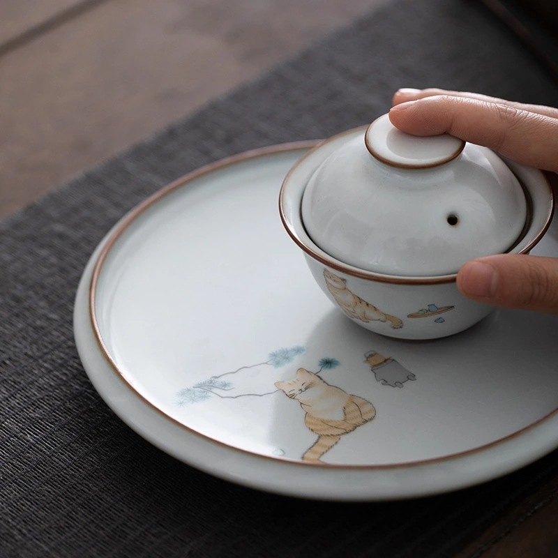 Suport ceramic circular pentru ceainic și coaster pentru set Kung Fu de ceai