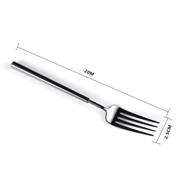Set de tacâmuri din oțel inoxidabil 304 cu strat titan negru: cuțit și furculiță, lingură de desert, furculiță de fructe, lingură de cafea și linguriță.