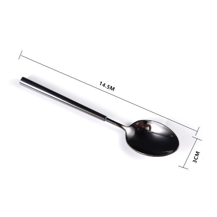 Set de tacâmuri din oțel inoxidabil 304 cu strat titan negru: cuțit și furculiță, lingură de desert, furculiță de fructe, lingură de cafea și linguriță.