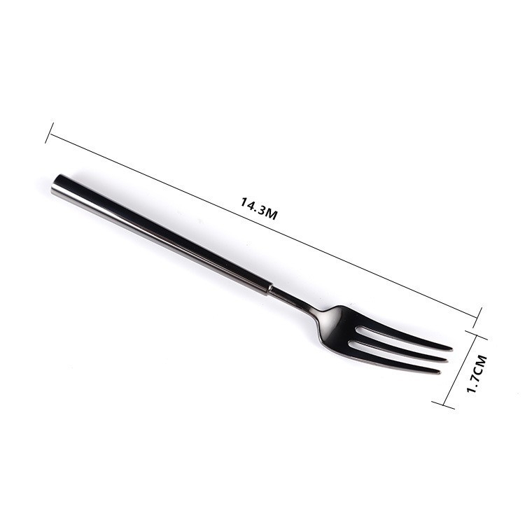 Set de tacâmuri din oțel inoxidabil 304 cu strat titan negru: cuțit și furculiță, lingură de desert, furculiță de fructe, lingură de cafea și linguriță.
