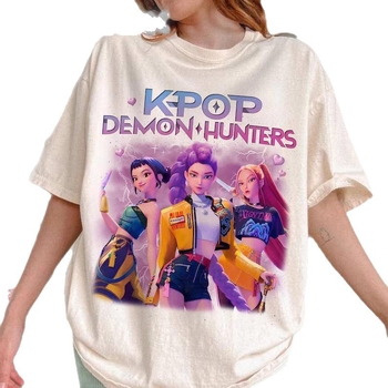 Gyerekeknek szóló rövid ujjú póló, kerek nyakú, rajzfilmnyomású, Kpop Hunters motívum, uniszex
