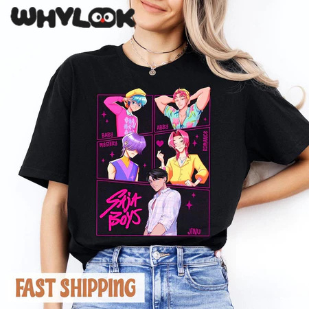 Gyerekeknek szóló rövid ujjú póló, kerek nyakú, rajzfilmnyomású, Kpop Hunters motívum, uniszex