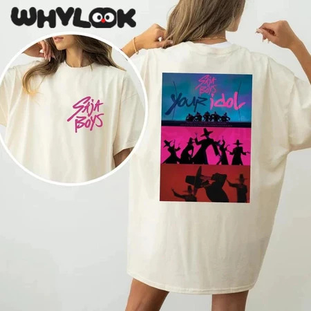 Gyerekeknek szóló rövid ujjú póló, kerek nyakú, rajzfilmnyomású, Kpop Hunters motívum, uniszex