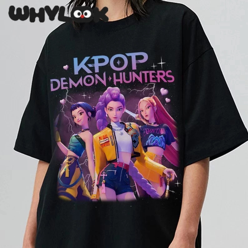 Gyerekeknek szóló rövid ujjú póló, kerek nyakú, rajzfilmnyomású, Kpop Hunters motívum, uniszex