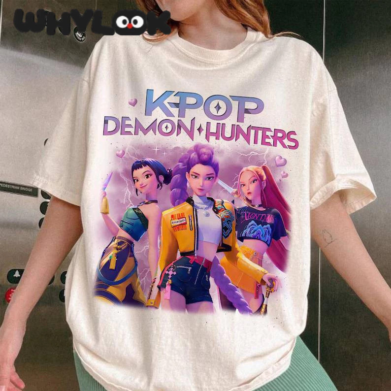 Gyerekeknek szóló rövid ujjú póló, kerek nyakú, rajzfilmnyomású, Kpop Hunters motívum, uniszex