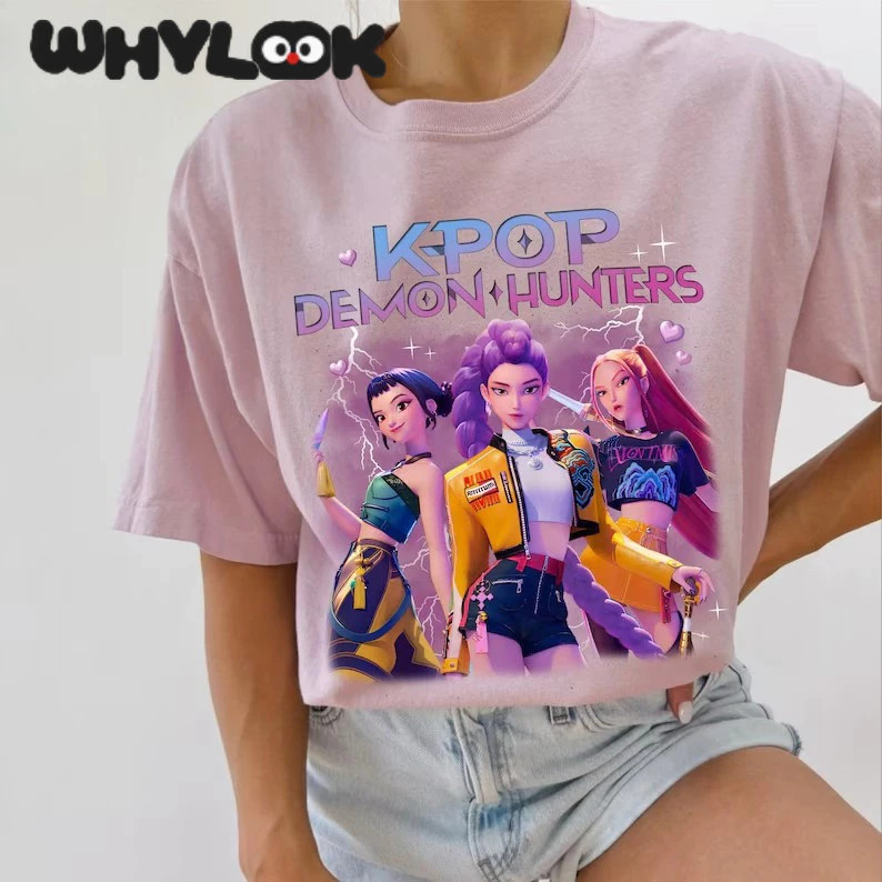 Gyerekeknek szóló rövid ujjú póló, kerek nyakú, rajzfilmnyomású, Kpop Hunters motívum, uniszex