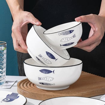 Set ceramic pentru masă: farfurii și boluri, design desen animat, bol mare de supă, farfurie în formă de pește, boluri pentru salată de fructe.