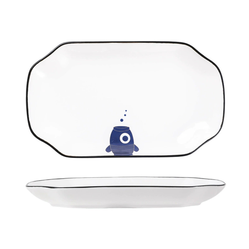 Set ceramic pentru masă: farfurii și boluri, design desen animat, bol mare de supă, farfurie în formă de pește, boluri pentru salată de fructe.