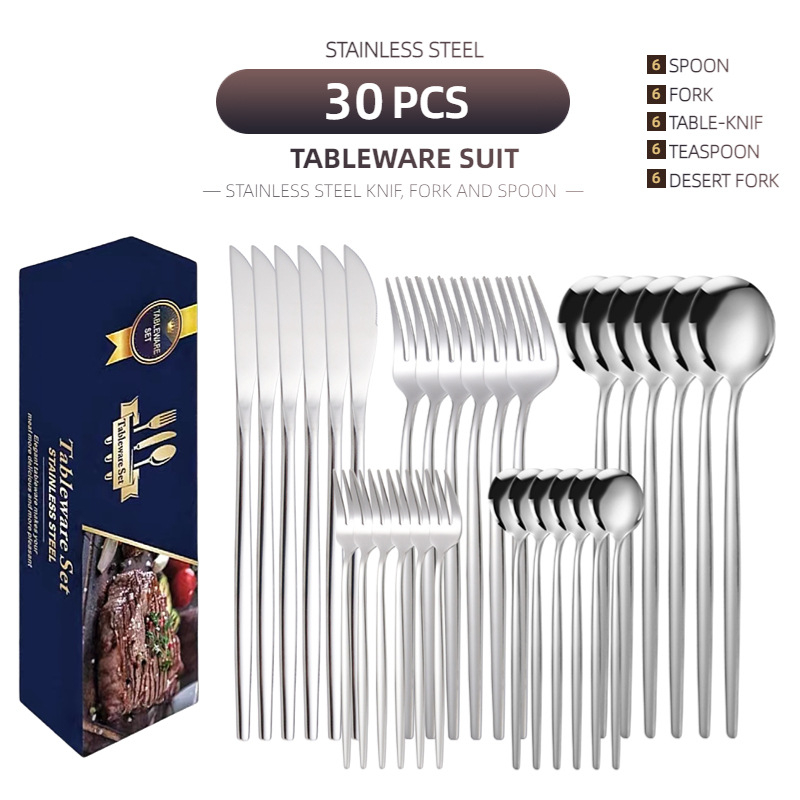 Set de tacâmuri din oțel inoxidabil, 30 de piese, stil occidental: cuțite, furci și linguri, lingurițe pentru cafea și desert.